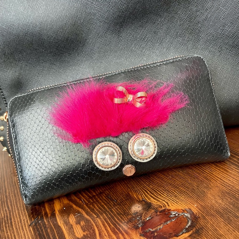 Ted Baker black leather pink faux fur with rose gold wallet